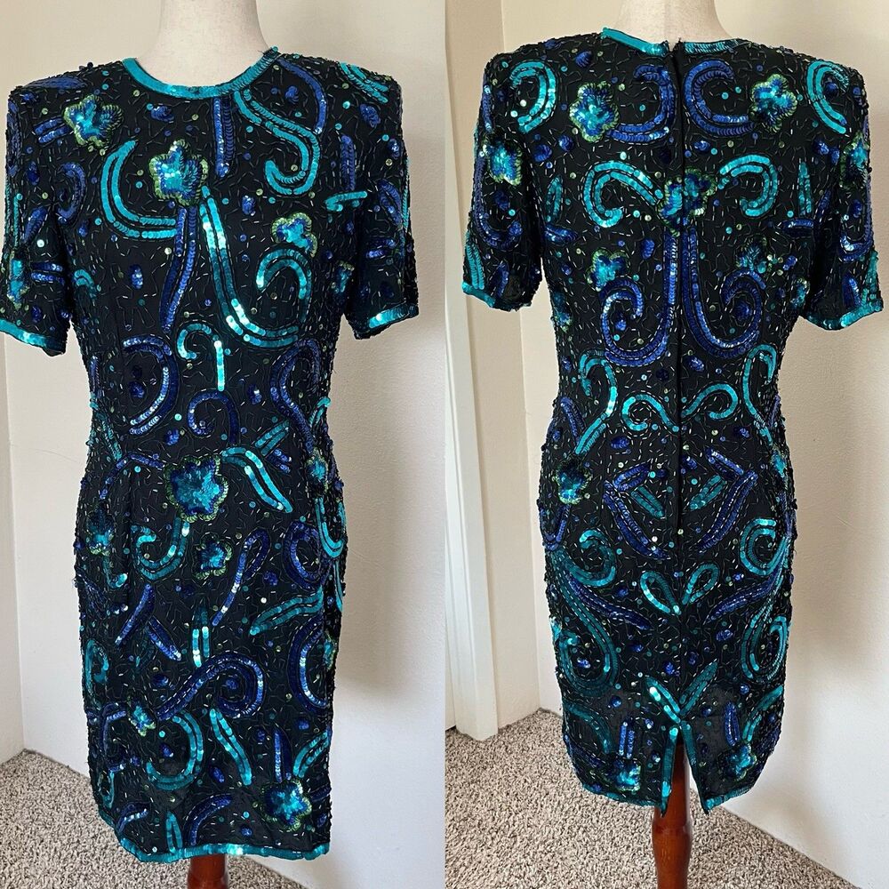VTG 80s Stenay Silk Beaded Peacock Cocktail Dress Sz M Sequin Glitter Art Deco